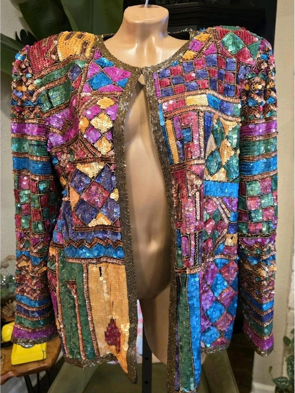 Lawrence Kazer Gorgeous Vintage NWT 80s 100% Silk Sequin Beaded Cardigan 1X
